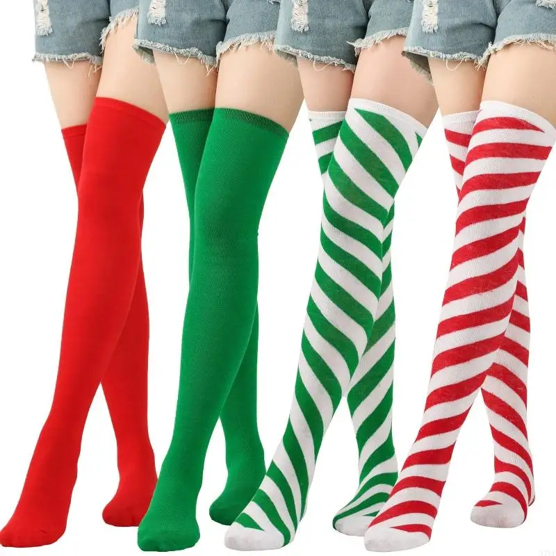 N7YF Candy Cane Diagonal pruhovaný cez koleno dlhé ponožky vianočné sviatočné pančuchy