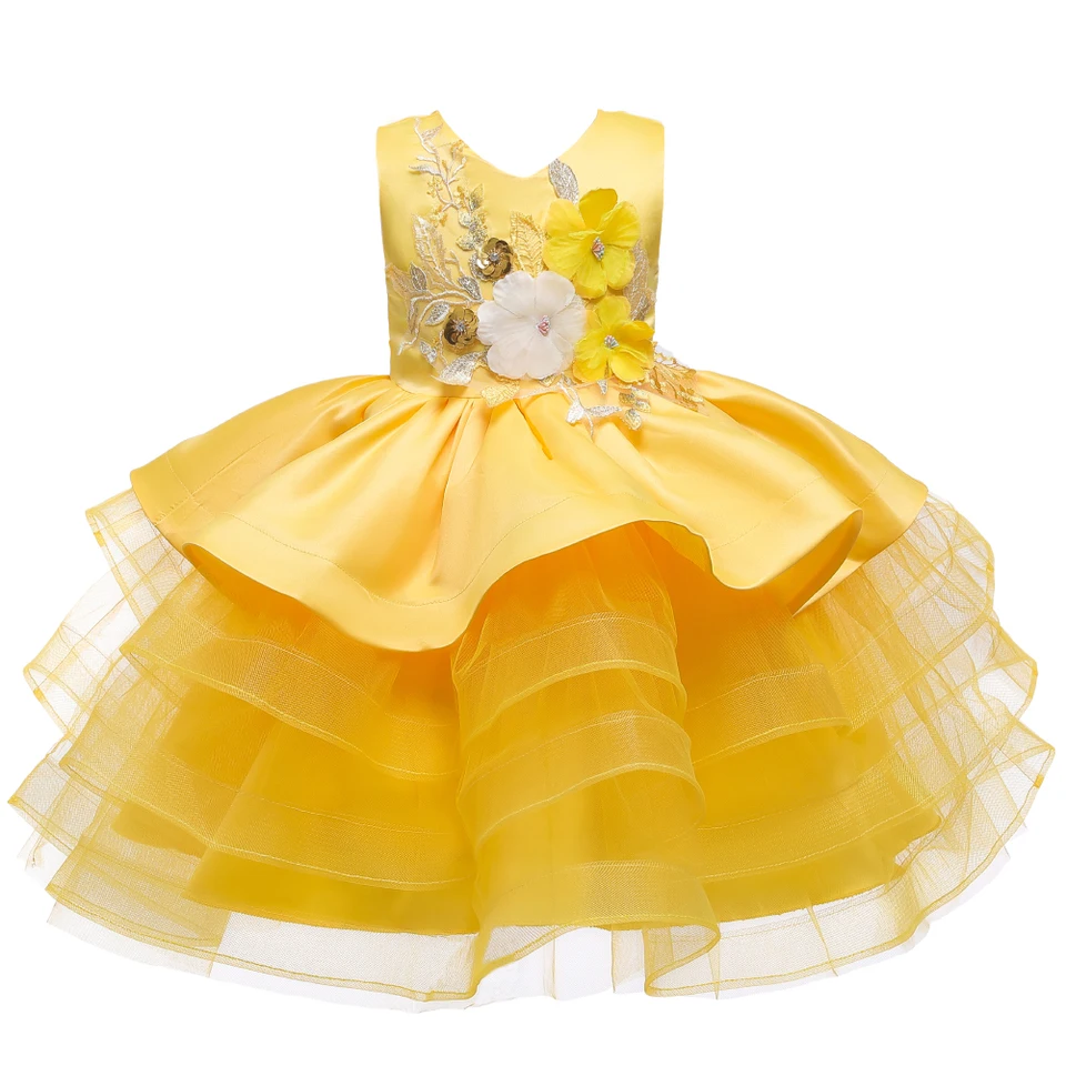Na 0 až 6 rokov žlté dievčenské šaty Fluffy Child Mesh detské šaty Performance Vianočné šaty