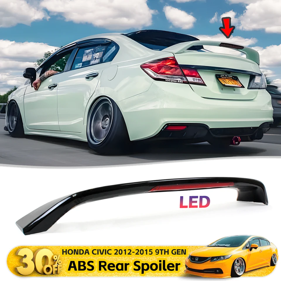 Na roky 2012-2015 9. Gen Honda Civic Sedan Glossy Black SI Style Trunk Soiler s LED zadným krídlom exteriérové ​​diely automatické doplnky