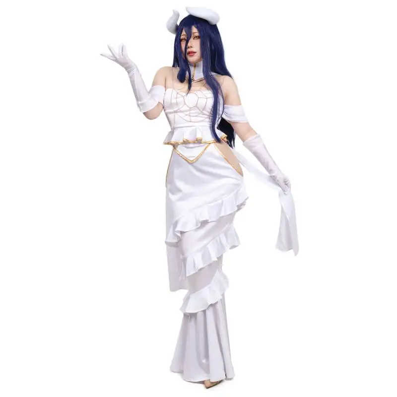 Na sklade Dazcos Anime Overlord Albedo Cosplay kostým Halloween vianočný kostým COM Ženy biele šaty Overlord Albedo Cosplay