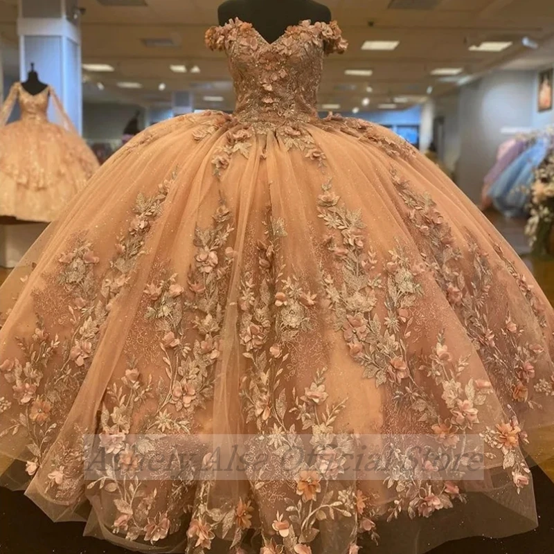 NA99 Prispôsobené šaty princeznej Quinceanera pre 15 rokov staré dievča V krk 3d kvetinová princezná sladká 16 večierok ples šaty Vestidos 14