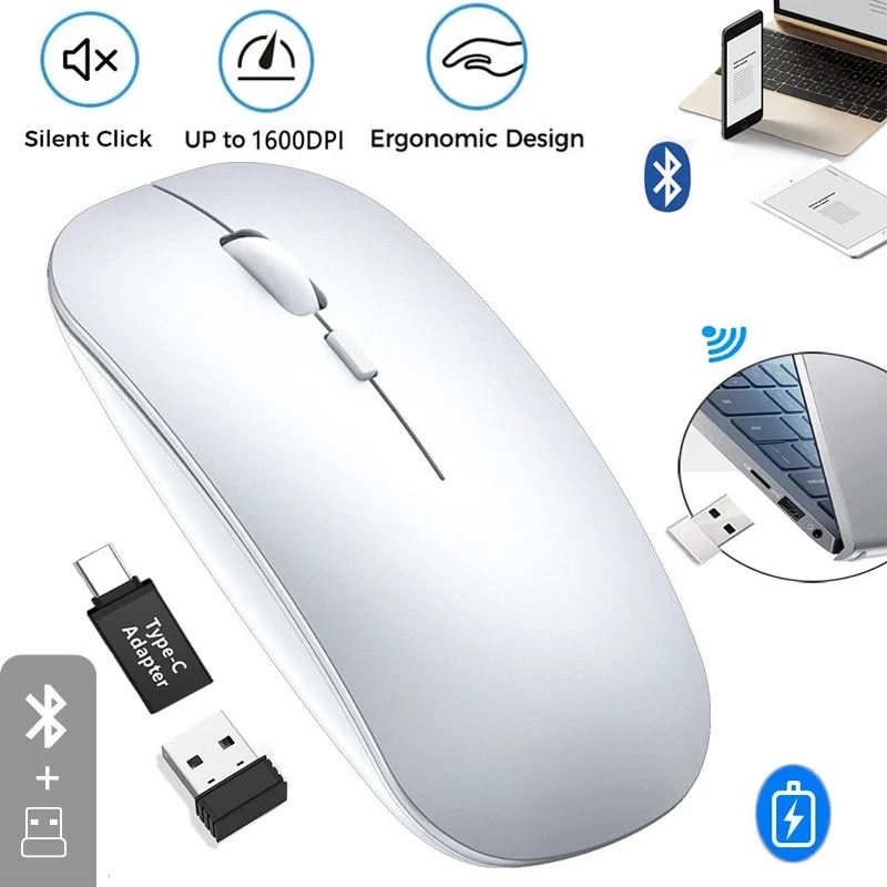 Nabíjateľné Bluetooth-kompatibilné bezdrôtové myš 2.4g Optické myši s myšou USB RGB 1600DPI pre počítačový notebook PC Mute Mause