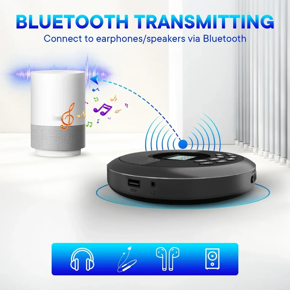 Nabíjateľný disk s reproduktormi Walkman CD prehrávač s USB Bluetooth Prenosný prenosný CD prehrávač CD s Bluetooth