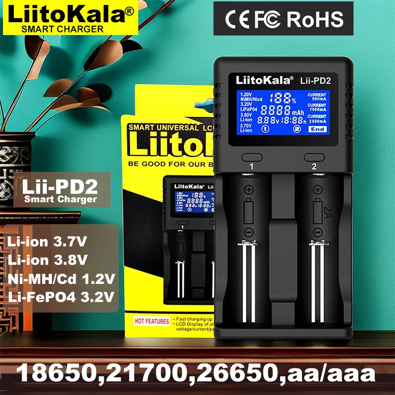 Nabíjačka batérií liitokala lii-pd2 pre 1,2V 3,7V 3,2V lítium NiMH LifePo4 26650 18650 21700 18350 18500 14500 AA AAA batérie