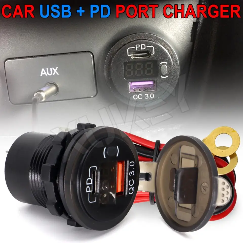 Nabíjačka na nabíjačku automobilu PD typu C USB nabíjačka pre auto van rv nákladný loď 12V qc3.0 napájací prívodný adaptér 12-24V napätie displej s vekom s vekom