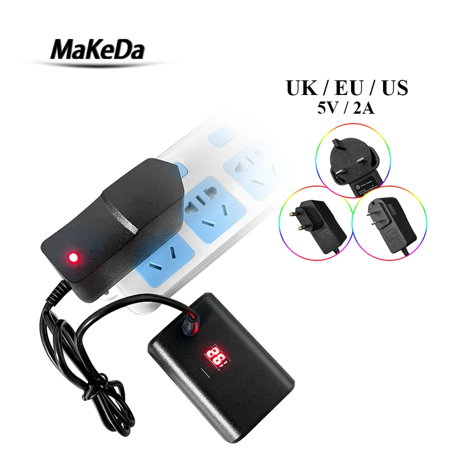 Nabíjačka na úrovni laseru Makeda 1pc 100V-240V 5V 2A Eu/US/UK Plug DC 5,5 mm x 2,1 mm napájací adaptér pre 18650 lítiová batéria