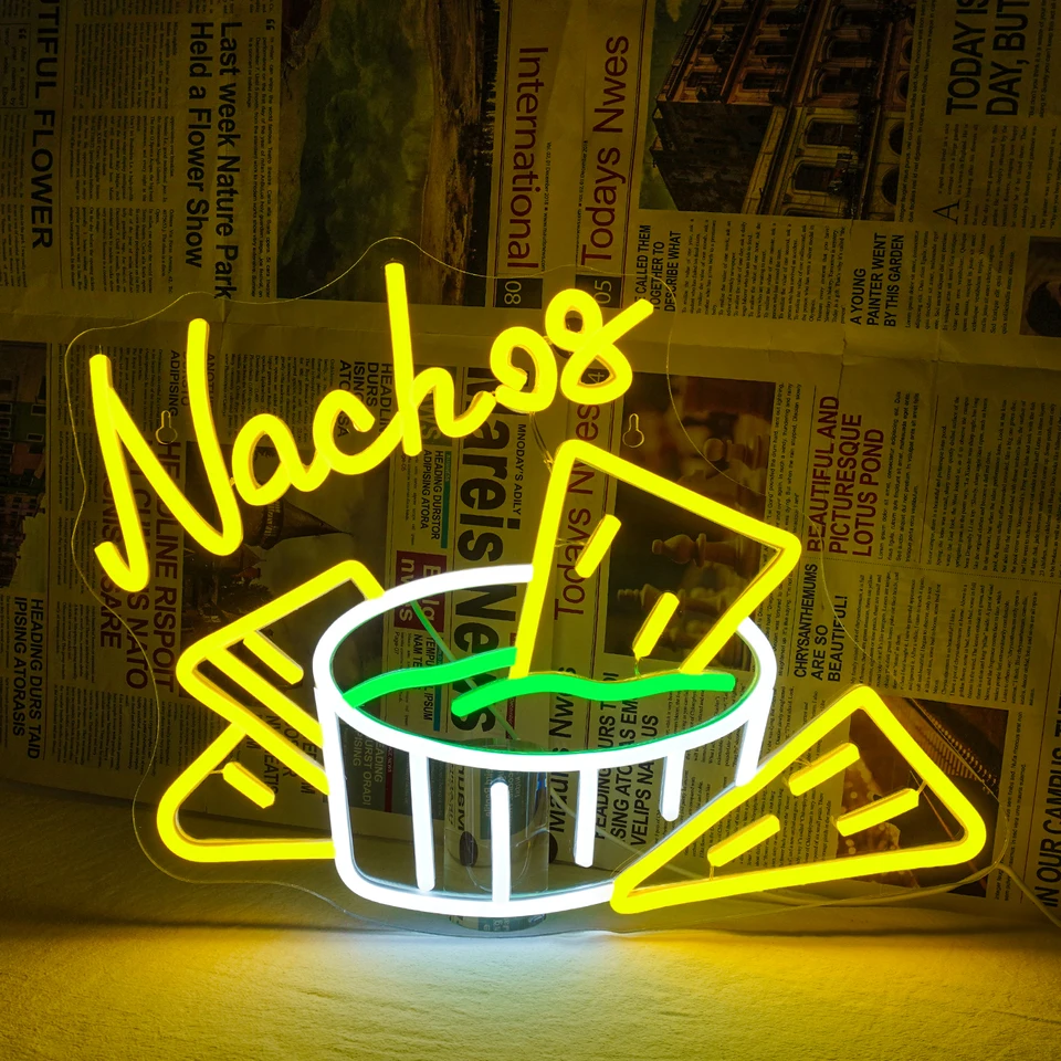 NACHOS NEON Sign Subesy Delight LED svetlá Stlmiteľné tortilla čipy USB Wall Light Up Znak pre bar Home Party Food Business Shop