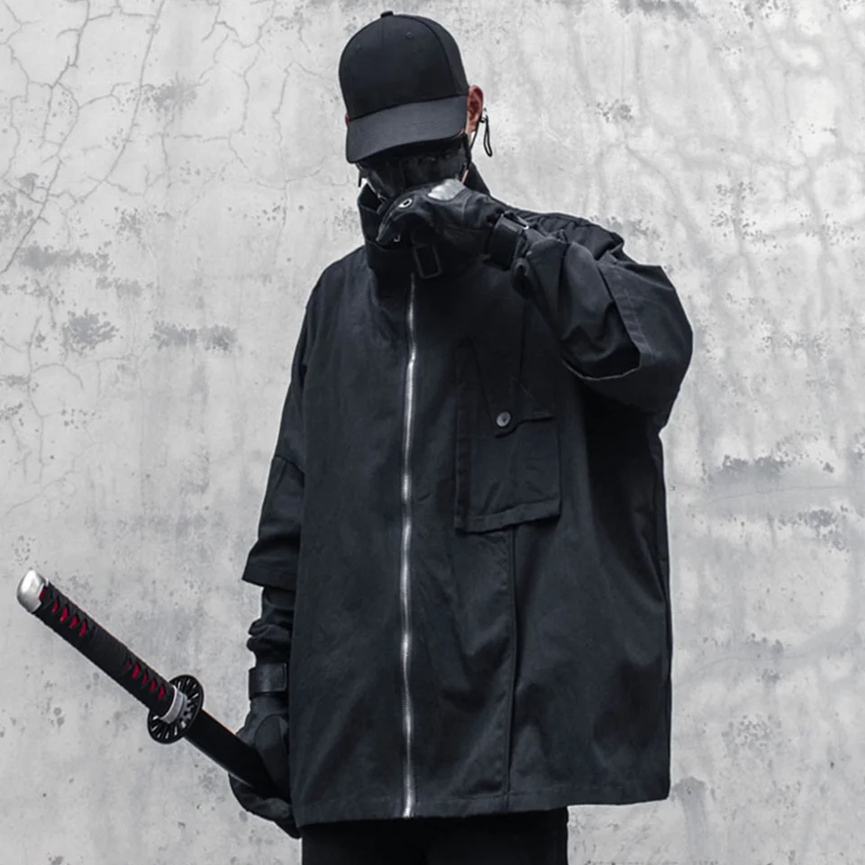 Nadmerná 2022aw falošné dva nákladné bundy Outwear Streetwear Men Techwear TurtleNeck bunda Coat Hip Hop Loose Tops