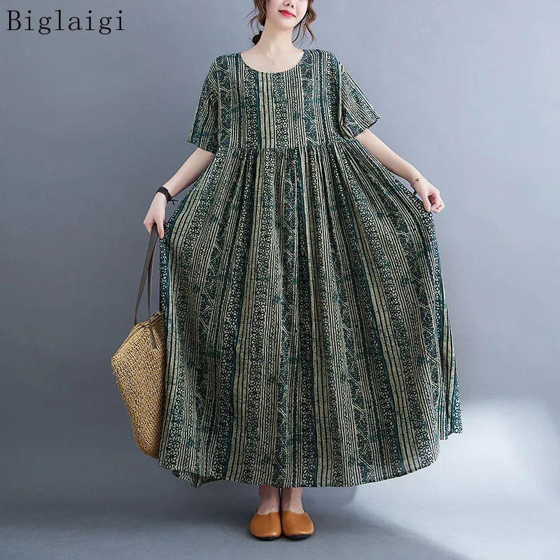 Nadmerné pruhované kvetinové letné šaty Ženy Casy Cotton Long Dámske šaty vintage kórejské elegantné plážové šaty Nové 2023