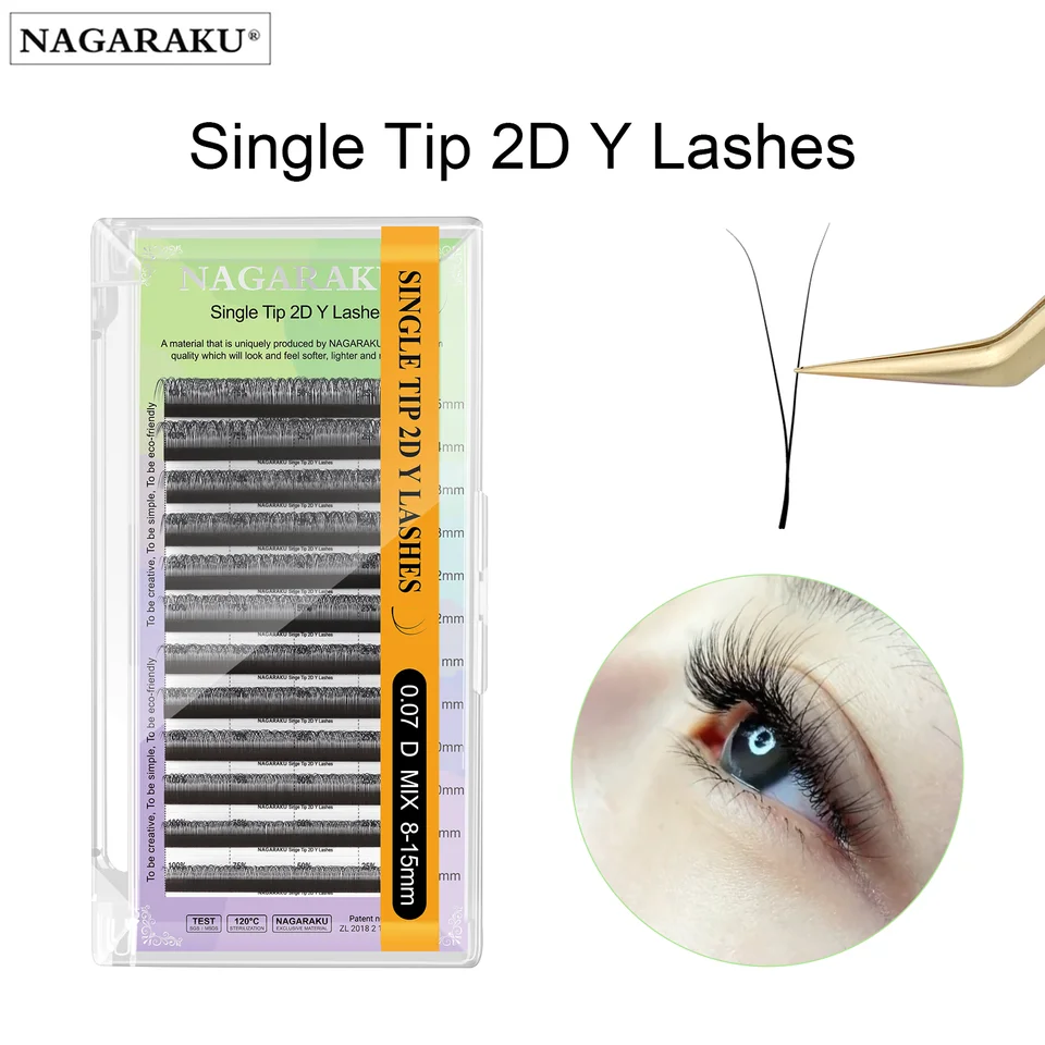 Nagaraku Single Tip 2d Y Tvar Lash Alling Ručne tkané prémiové mäkké svetlo Prírodné mihalnice predĺženie rias