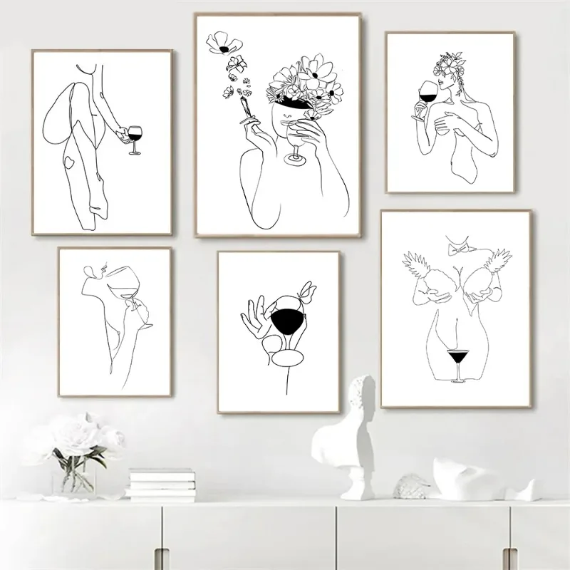 Nahé víno pijanka Line Girl Canvas maľba plagát Minimalistická móda žien tela nástenné umenie výtlačky Obrázok kúpeľňa dom