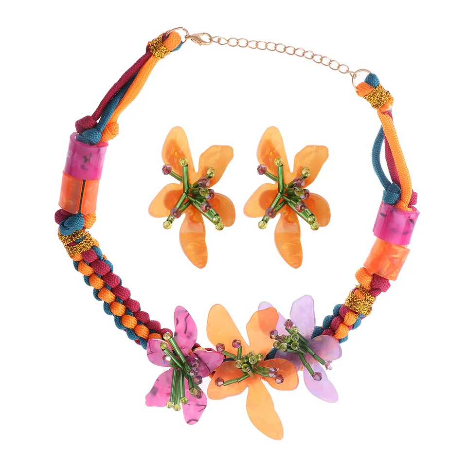 Najlepšia dáma 3pcs/set boho štýl farebný kvetinový náhrdelník kvetiny asymetrické korálkové náušnice letné šaty na celé porovnávanie šperkov