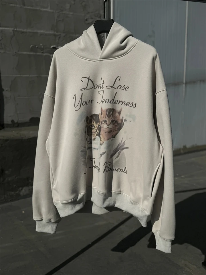 Najlepšie kvalitné vinobranie roztomilé mačiatko Grafika Print s kapucňou pullover Streetwear Nadmerná módna unisex mikiny mikiny pre mužov