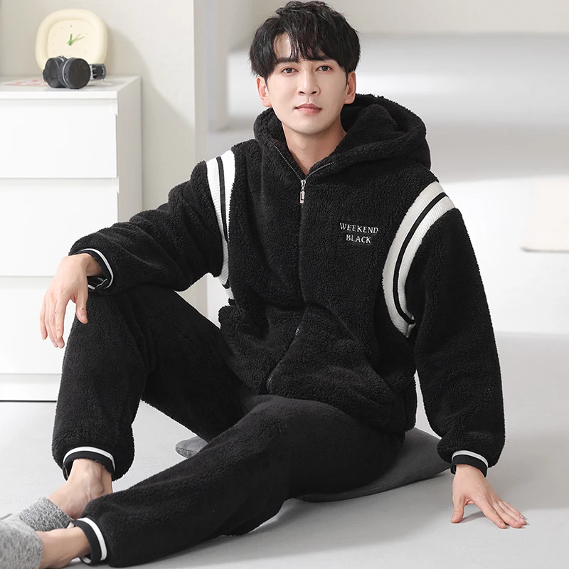 Najnovšia jesenná zima Hrubá teplá flanelová pyžamá set mužských fleece s kapucňou Pijama hombre neformálne mäkké pyžama