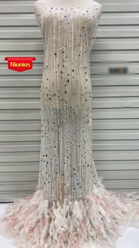 Najnovšia kvalitná luxusná elegantná čipka z peria s najväčšími kameňmi tkanina pre večierky večerné šaty nn2563_r
