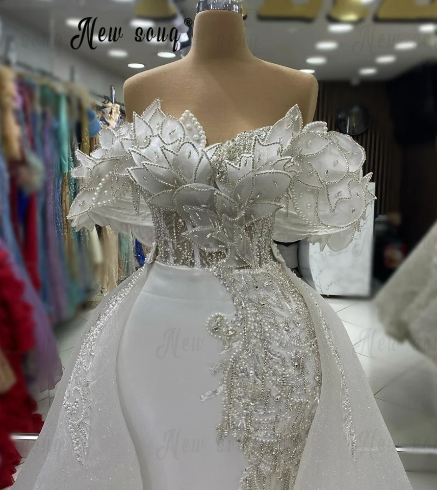 Najnovšie elegantné biele svadobné šaty s odnímateľným vlakom 2 kusové listové aplikácie Svadobné šaty robe de soiree femmes mariage