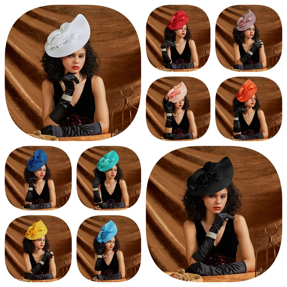 Najnovšie kvetinové svadobné klobúky Vysoko kvalitné slamy Kentucky Derby Hats Deluxe Premium nevesta Fascinátory pre ženy Dámske čajové večierky