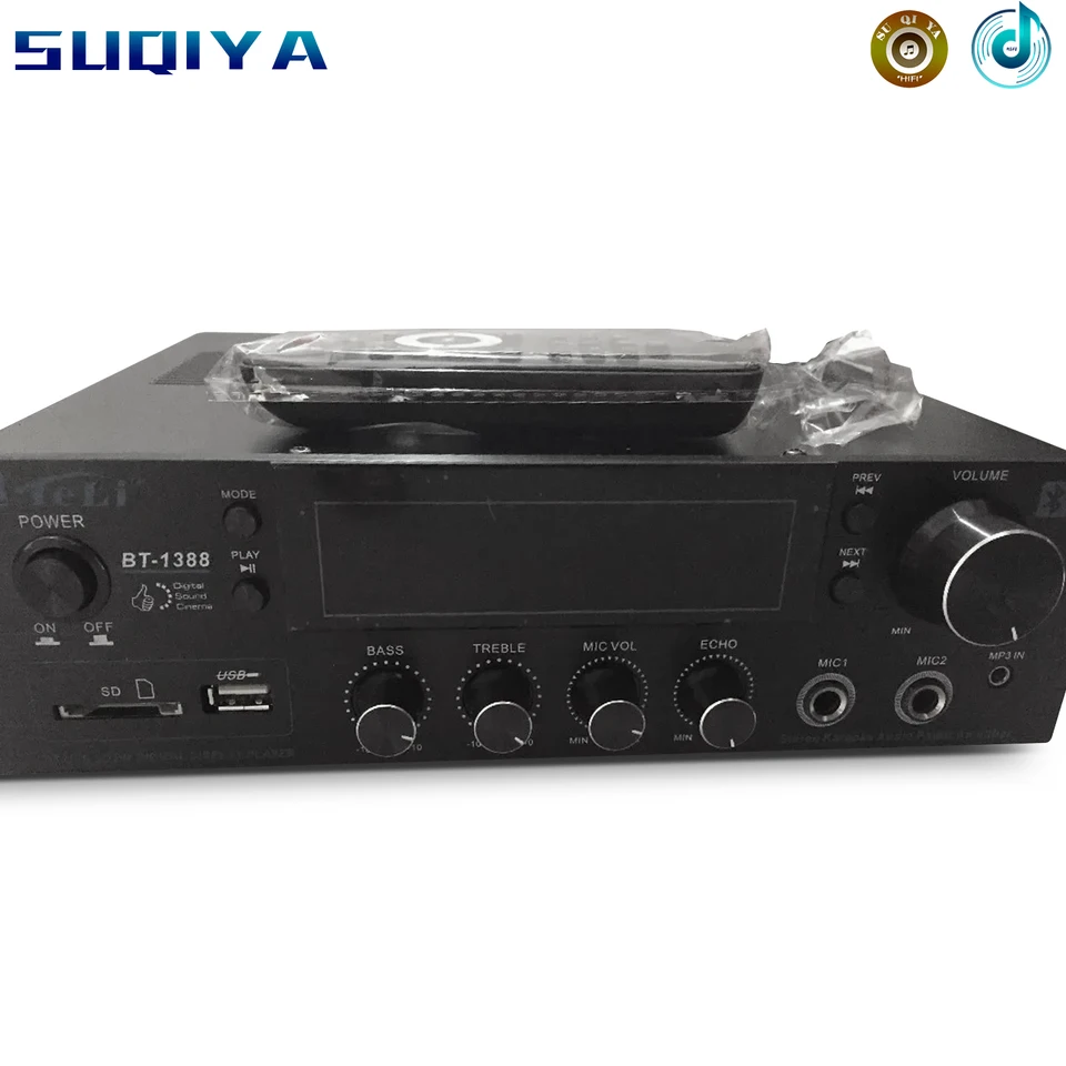 Najnovší BT1388 80W+80W HIFI Karaoke domáce kino Stereo Audio zosilňovač podporuje Bluetooth. Karta s dvoma mikrofónmi.usb.sd