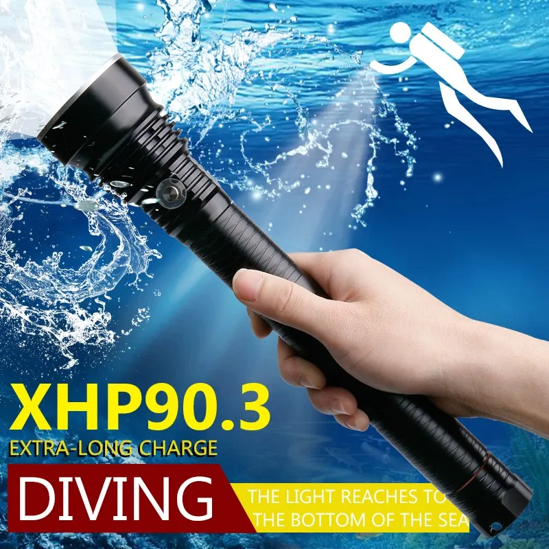 Najvýkonnejší XHP90.3 Potápačská baterka Výkonná potápačská potápačská potápka Light IPX8 Najvyššia nepremokavá hodnotenie pod vodou lovecká žiarovka