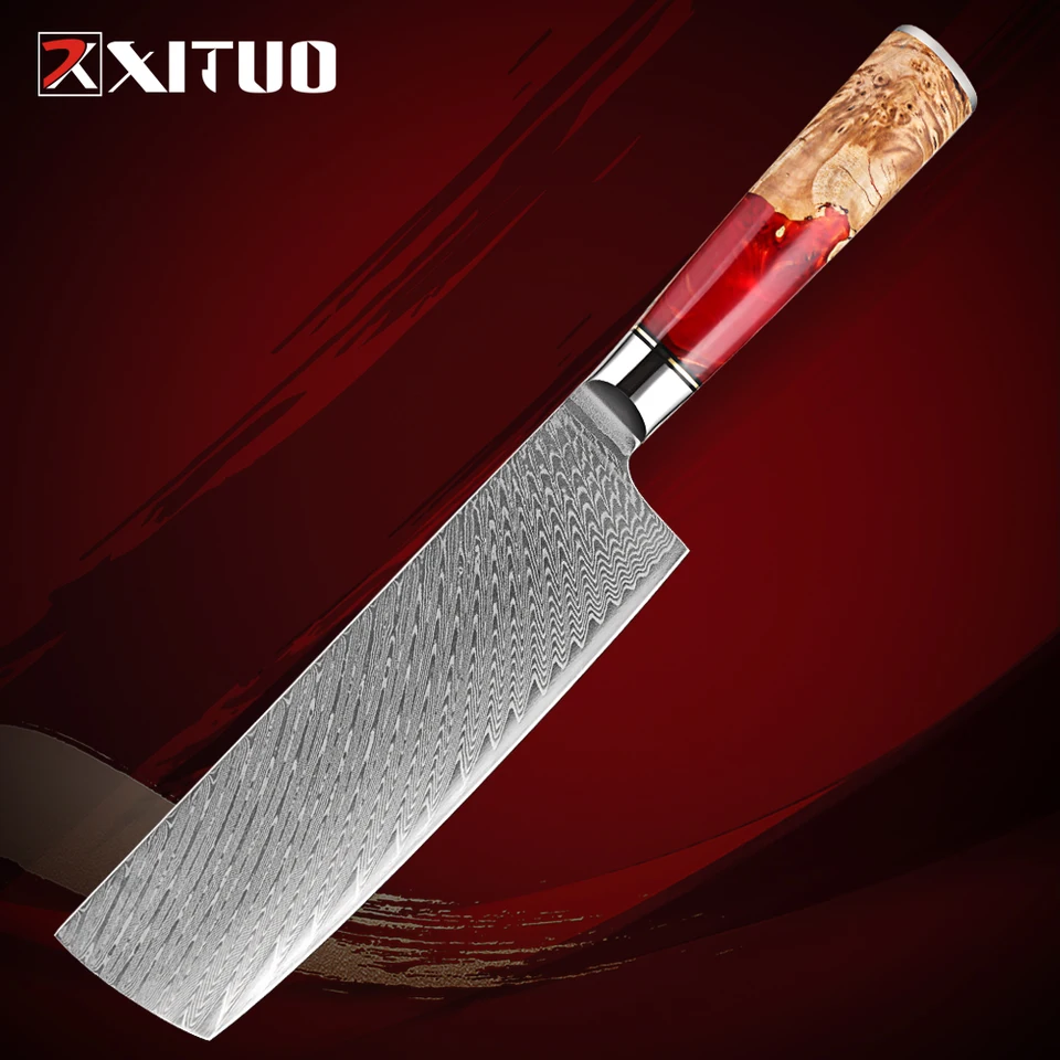 Nakiri nôž 7 palcov japonský kuchynský nôž Nakiri Chef Nôž 67 vrstvy VG10 damascus oceľový zeleninový nôž červená živica a drevená rukoväť