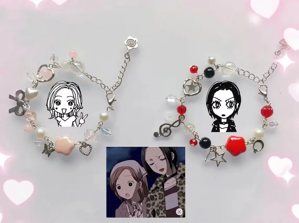 Nana a Hachi zodpovedajúci kúzla náramku, náramok z korálikov Y2K, Anime Y2K náramok, estetika páru Y2K, jedinečný darček pre ňu