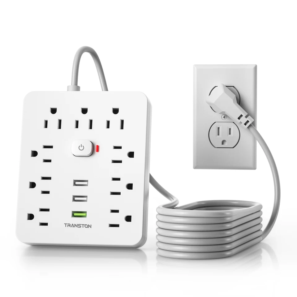 Napájacia zásuvka s prepätným ochrancom, 9 zásuviek 3 porty USB, predlžovací kábel 10 stôp, rýchly poplatok, pre domácnosť a kanceláriu, biely