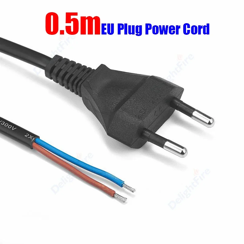 Napájací kábel EÚ 0,5 m 2pin Pigtail Electronics drôt Euro Strping Cinatrovaný napájací kábel pre predlžovanie zásuvkových lampy DIY