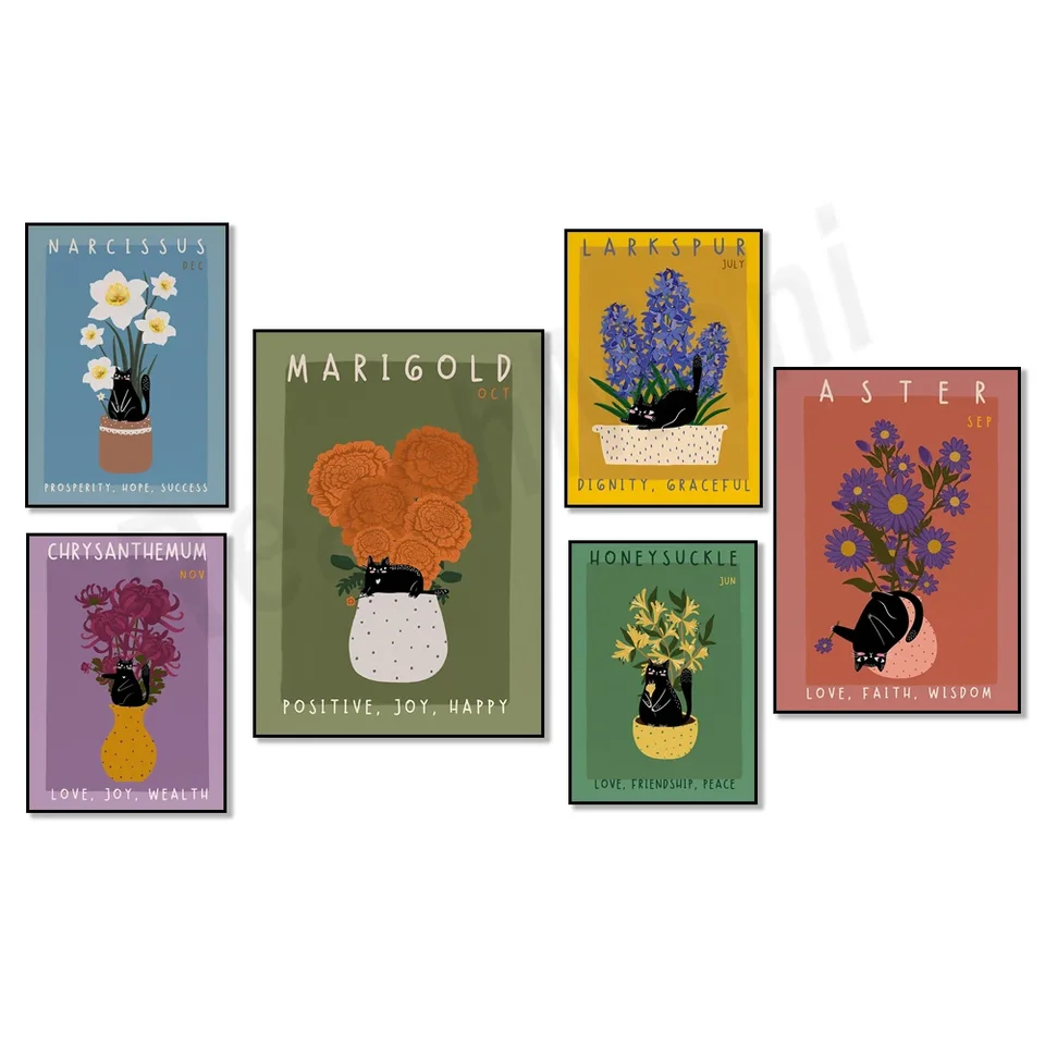 Narodeninové kvetinové čierne mačacie plagát, delphinium, zimolez, narciss, rasta