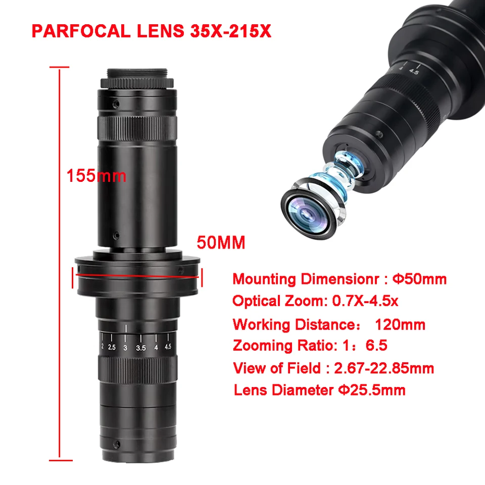 Nastaviteľné zväčšenie 35x-215x Mikroskop Dia Dia 50 mm 0,7x-4,5x Optické zväčšenie C-Mount Typ rozhrania pre fotoaparát pre fotoaparát