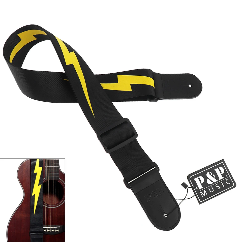 Nastaviteľný odolný gitarový remienok žltý blesky so skutočnou koženou hlavou pre akustickú elektrickú basovú gitaru