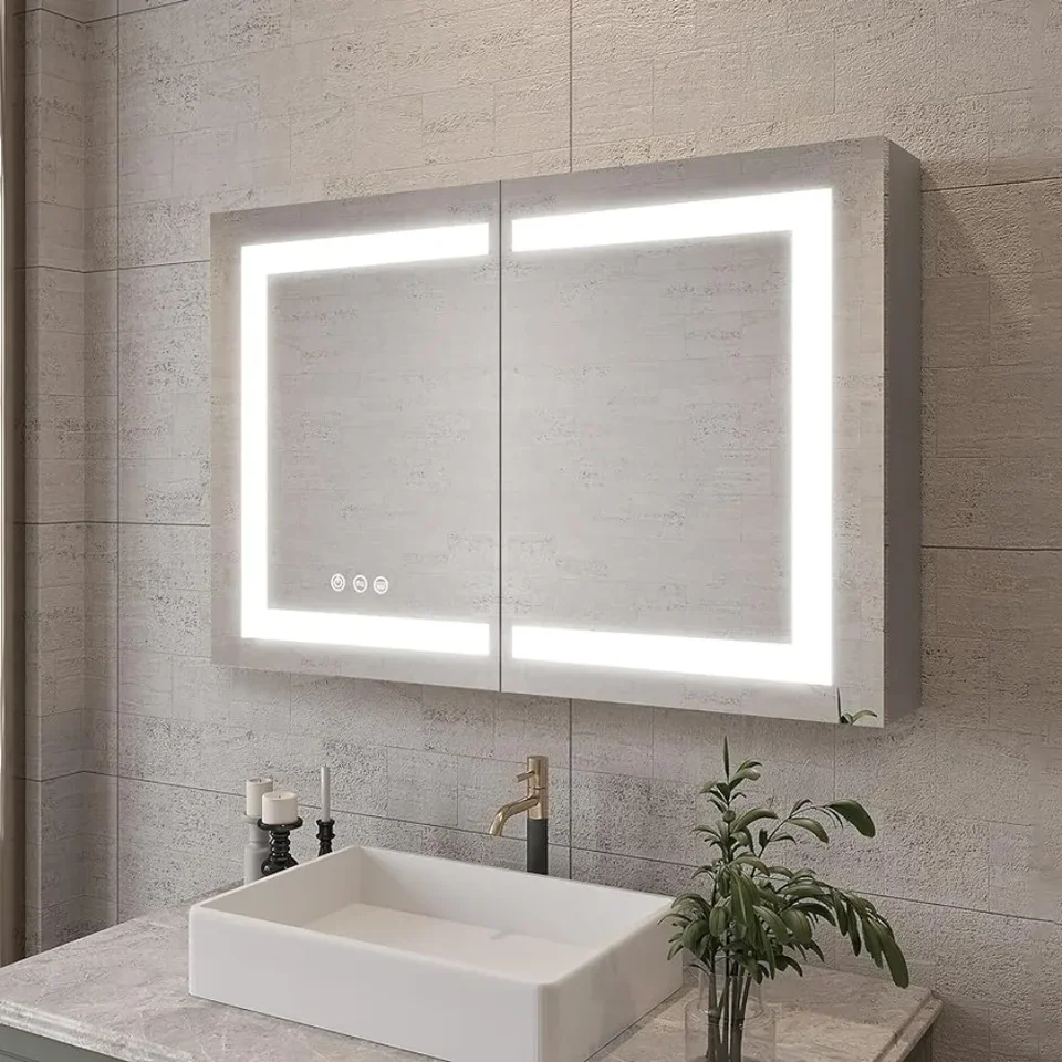 Nastaviteľný svetlo povrchový držiak anti-Fog Double Door osvetlené kúpeľňové skrinky s dotykovým spínačom Vanity zrkadlové skrinky Organizátor
