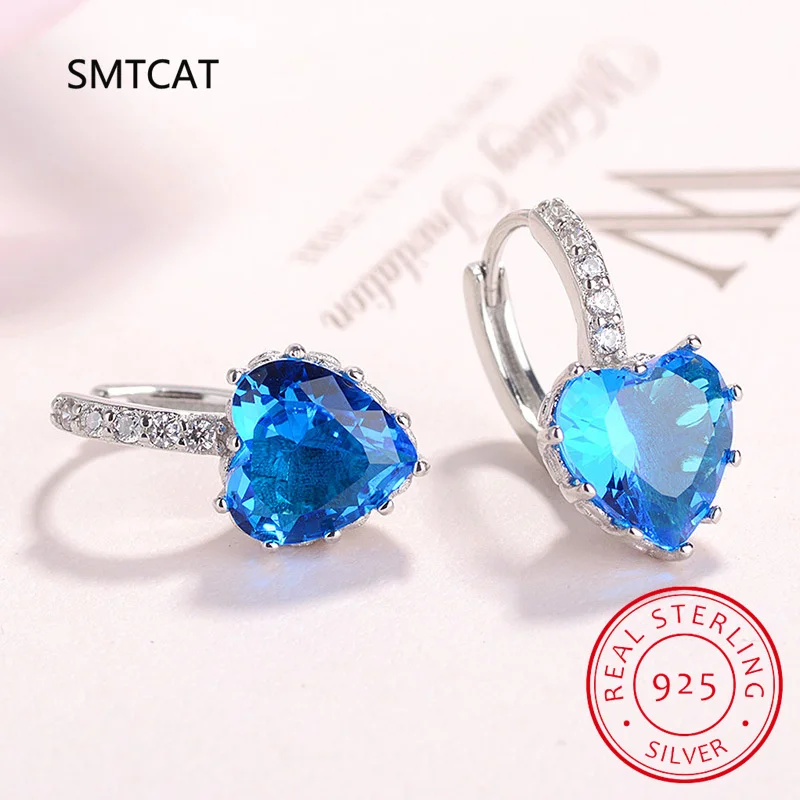 Natural Sky Blue Topaz 925 Sterling Silver Heart Hoop náušnice pre ženy módne vyhlásenie Gemstone šperky kreoly obručky