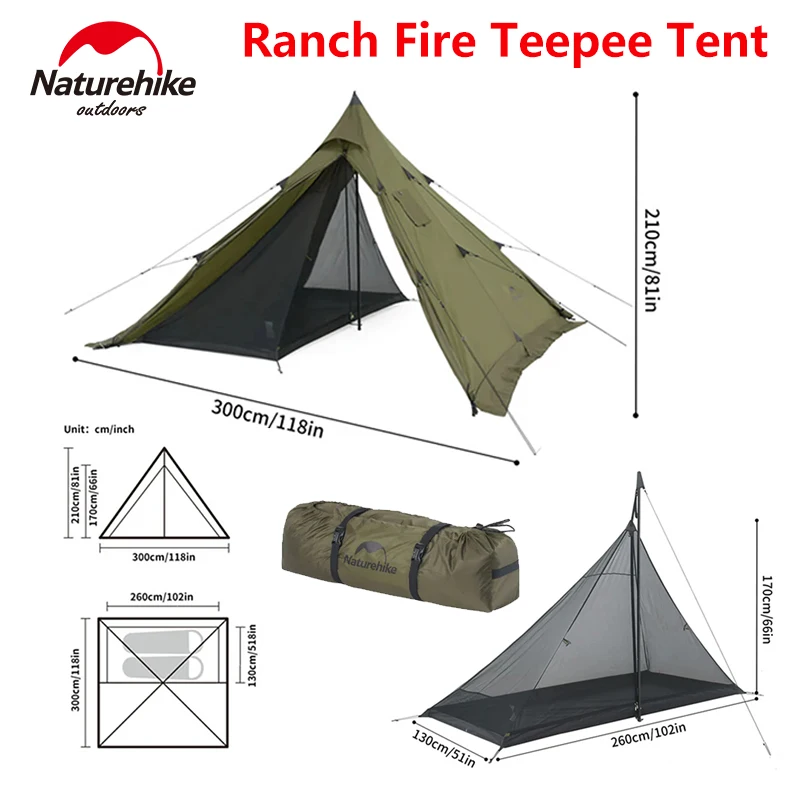 Naturehike Ranch Fire Teepee Hot Stan 4 Sezóna s komínom pre 4 ľudí 210T Rainproof Camping Outdoor Travel Pyramid Stan