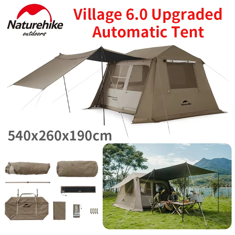 Naturehike Village 6.0 One Touch Stan Hut Automatický stan pre 4-8 osôb rodiny Camping UPF11000+ vodotesný 150D čierny potiahnutý