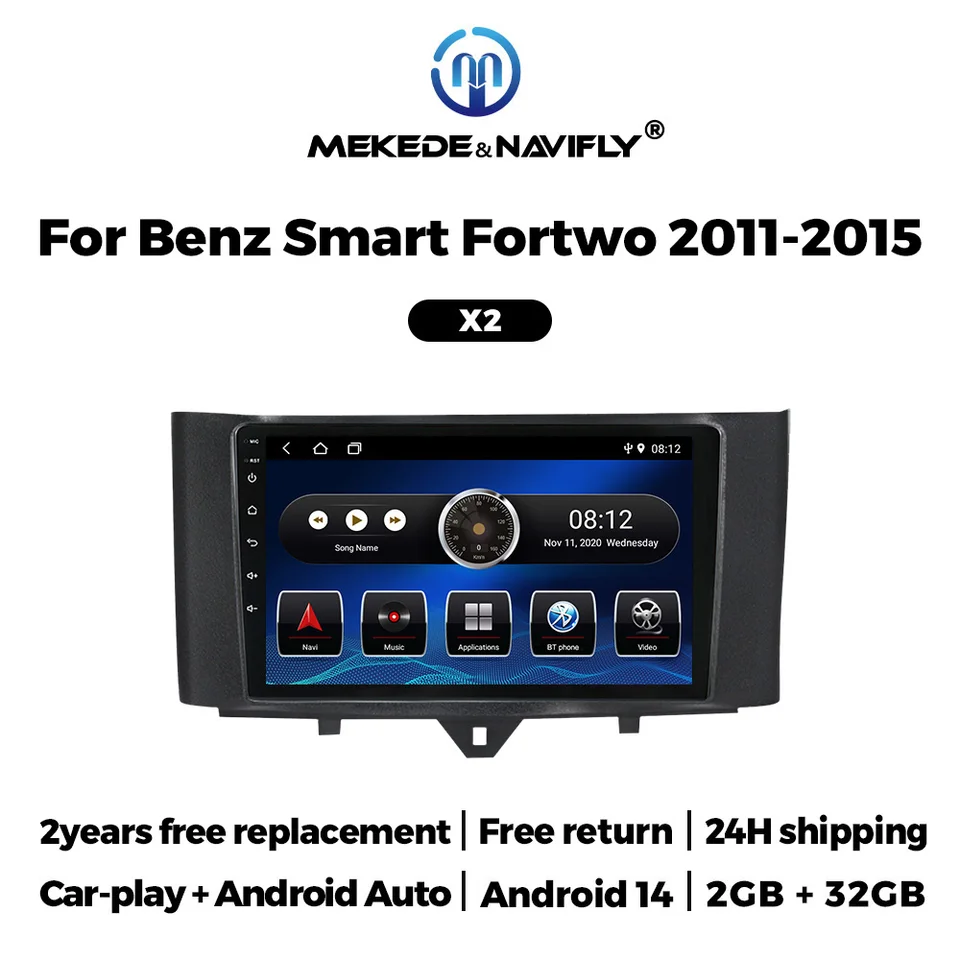 Navifly & Mekede Android 14 Wireless CarPlay Auto BT 2Din Car Radio Multimedia Player pre Mercedes Benz Smart Fortwo 451 2011-2015