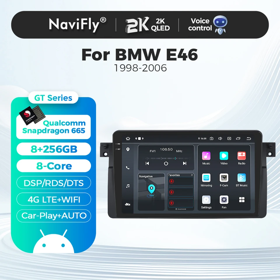 Navifly Android 14 Qualcomm 6125 pre 3 série BMW E46 M3 318/320/325/330/335 1998-2005 GPS Navigation Car Radio CarPlay 2K QLED