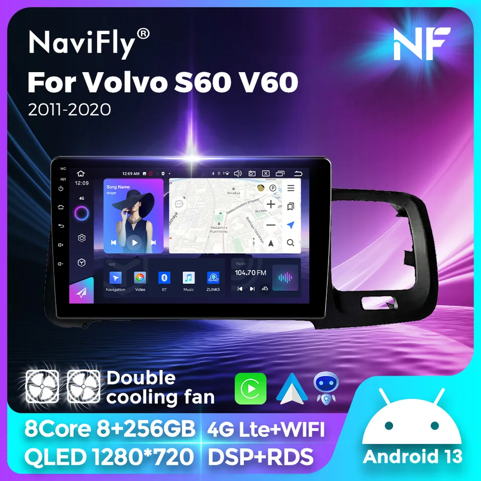 Navifly Wireless CarPlay Android 13 Car Radio pre Volvo S60 V60 2011-2020 Intelligent System GPS DSP Multimedia Video Player BT