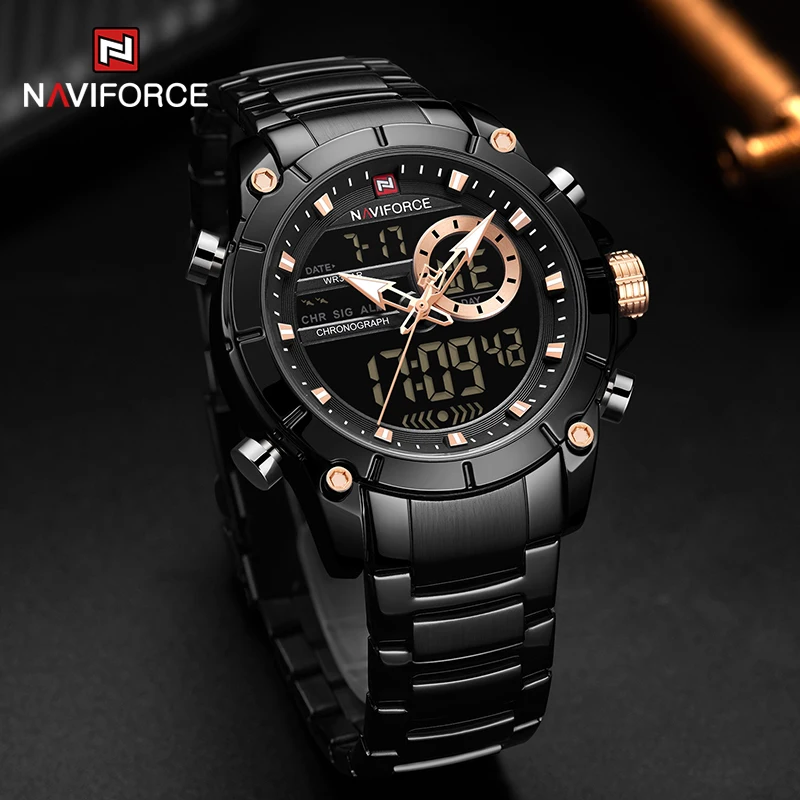 Naviforce 9163 Pánsky duálny displej Luxusný z nehrdzavejúcej ocele Vodotesné hodinky Man Casual Sport Quartz Zápraky reklamy Masculino