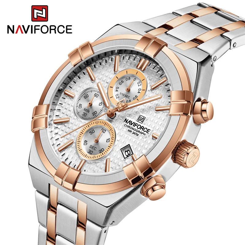 Naviforce Nový dizajn Pánske športové Quartz hodinky z nehrdzavejúcej ocele nepremokavý chronograf Luxusný náramok s relojom hombre 2023