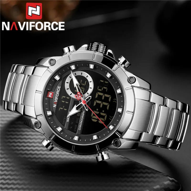 Naviforce Top Brand Luxury Classic Men Watch Quartz Digital Muž Hodiny vojenský šport strieborná z nehrdzavejúcej ocele Muž náramok 9163