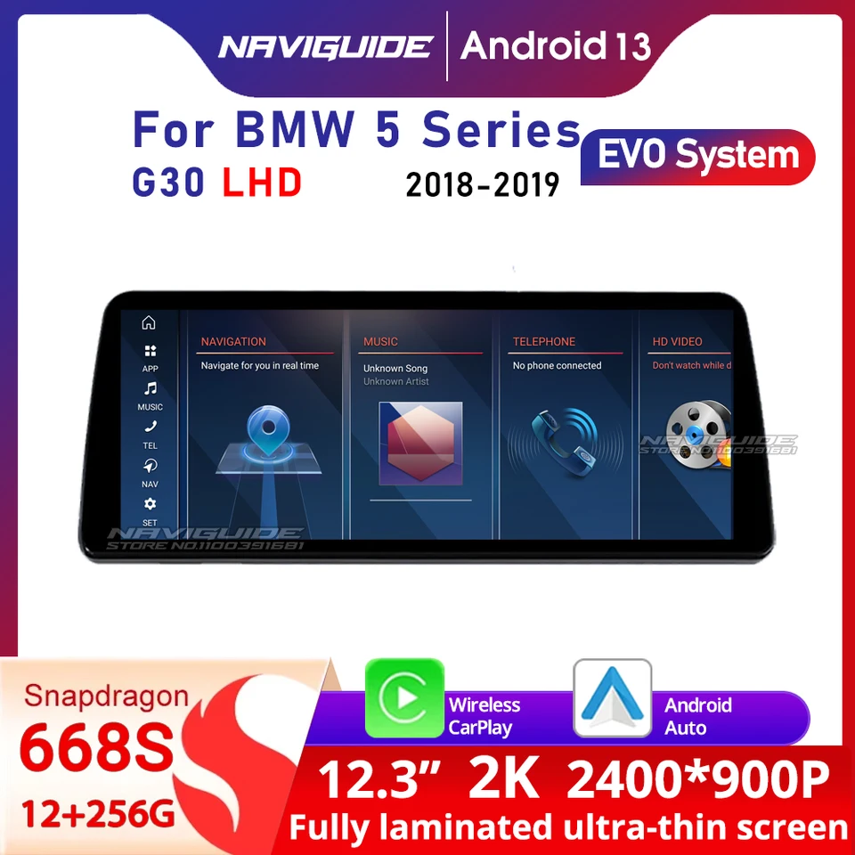 Naviguide 12.3 '' Android 14 pre BMW 5 Series G30 G31 LHD EVO System Car Carplay Auto Navi Multimedia Video Player WiFi HeadUnit