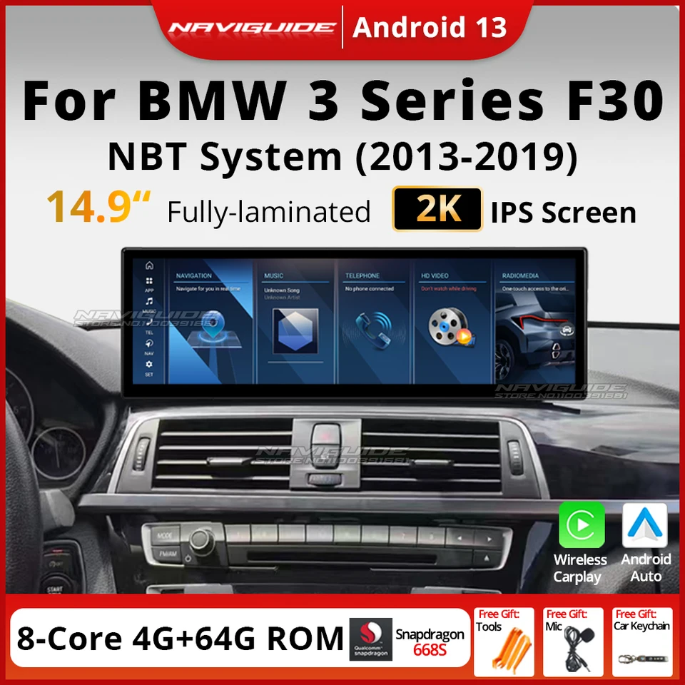 Naviguide 14.9 '' Android 14 Bt CarPlay pre BMW 3 Series 4 Series F30 F31 NBT Systém Android14 Multimedia Player Car Radio GPS