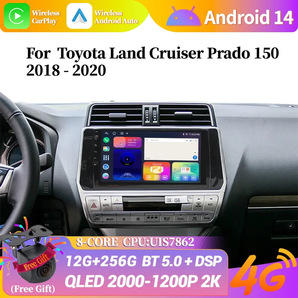 Navigácia automobilov WiFi Android 14 Wireless CarPlay GPS multimediálna stereofónna obrazovka pre Toyota Land Cruiser Prado 150 2018-2020