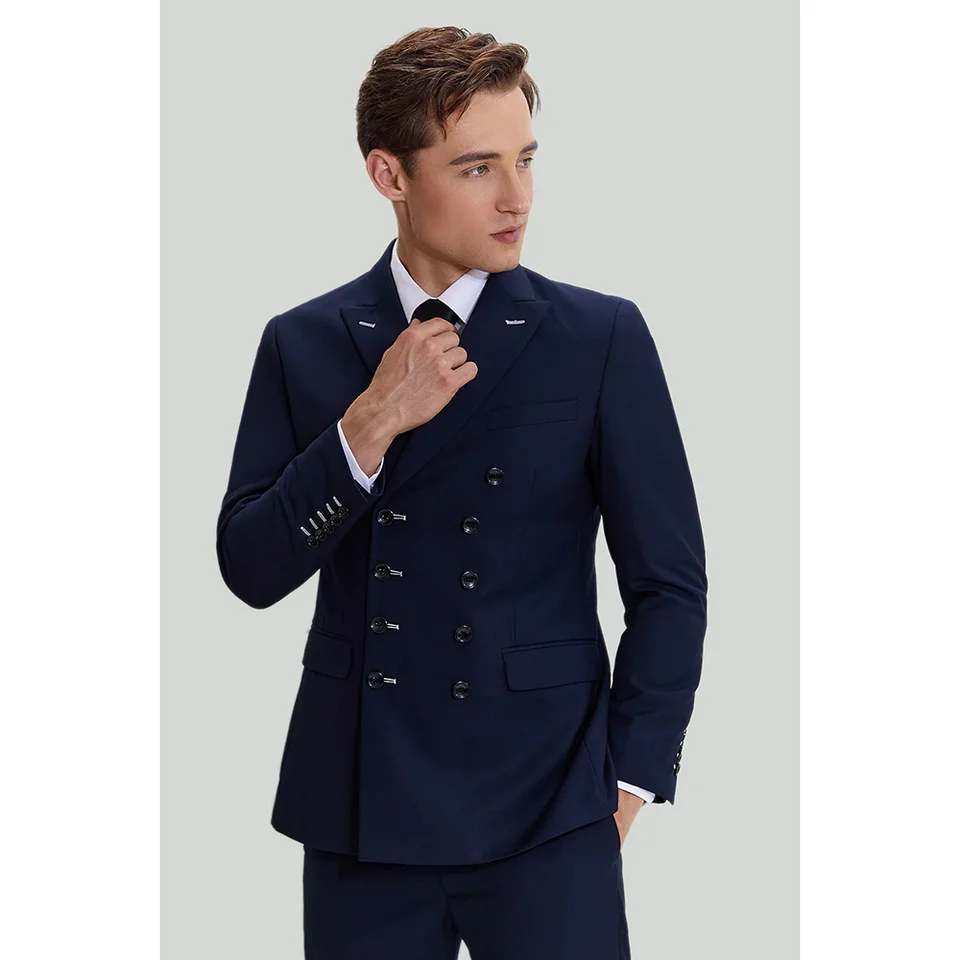 Navy Blue Peak Laskle Double Breasted Suits for Men Elegantná formálna promárna párty banketové oblečenie svadobné ženích