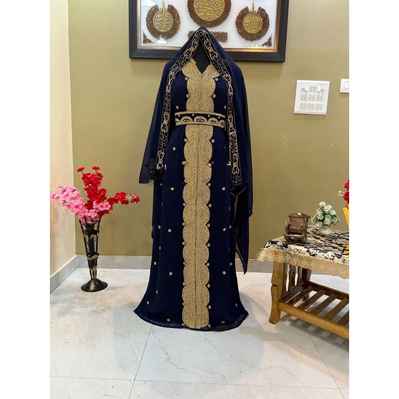 Navy Blue Royal Islamic Modern Elegance Dubaj Marocká dlhá košeľa Arab Party Oblečenie
