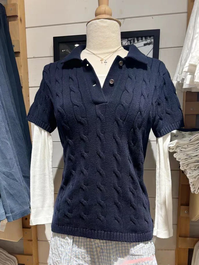 Navy Twist Flower pletené tričká Dámske dámske neformálne otáčanie goliera s krátkym rukávom Sladké americké vintage topy y2k tričky nové