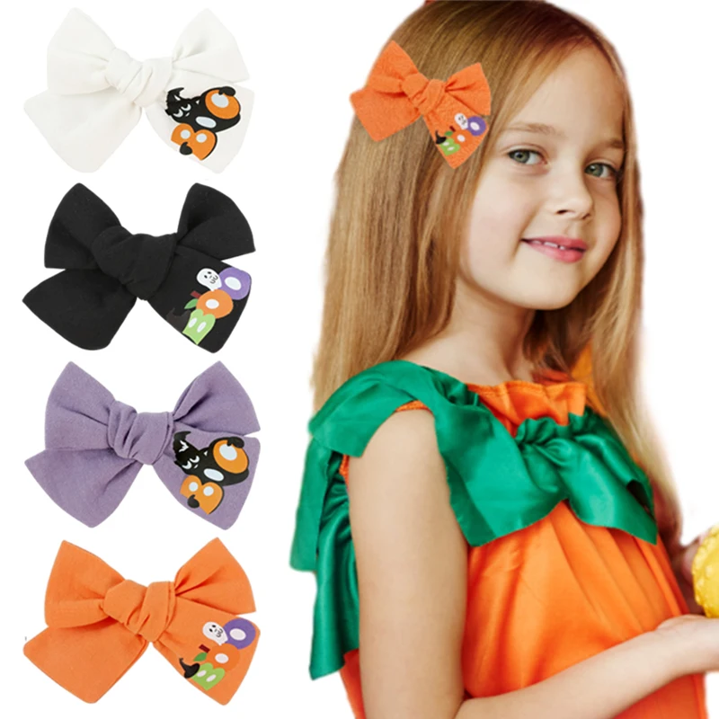 NCMAMA 2PCS Funny Ghost Print Bow Hairpin Halloween Kairové doplnky pre deti sladké dievčatá ručne vyrobené vlasové klipy Kids Headdrees