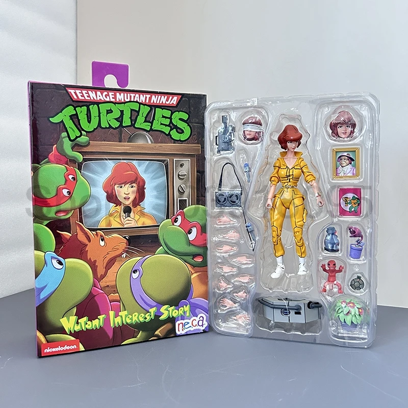 NECA žlté oblečenie ženské reportérka verzia 2.0 Obrázok TMNT Action figurín PVC Collection Collection Model Model hračky narodeniny Darčeky dekorácie