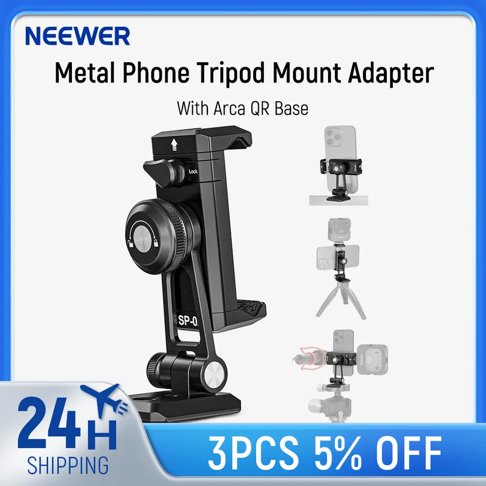 Neewer Metal Phone Tarde Mount Adapter s základňou ARCA QR, studenou obuvou, 360 ° otočeným 180 ° sklonom, držiakom telefónu kompatibilné s iPhone