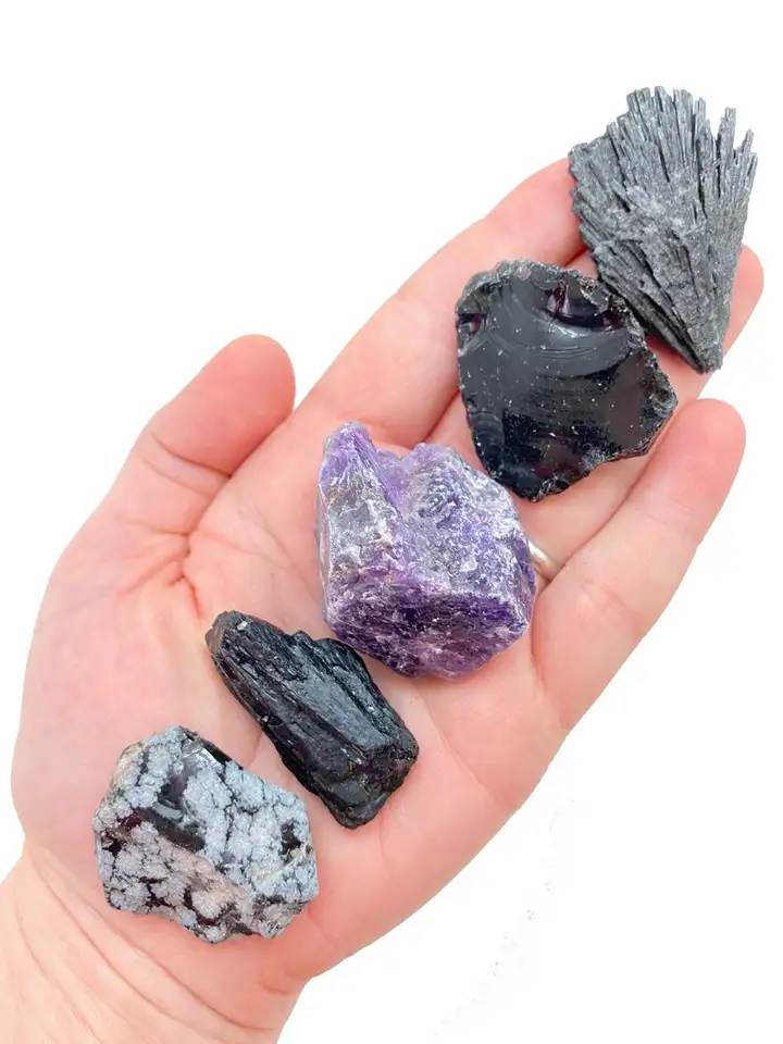 Negatívna ochrana energie Amethyst čierny turmalín Snowflake Obsidian Čierny kyanit a čierny obsidian krištáľový štít set